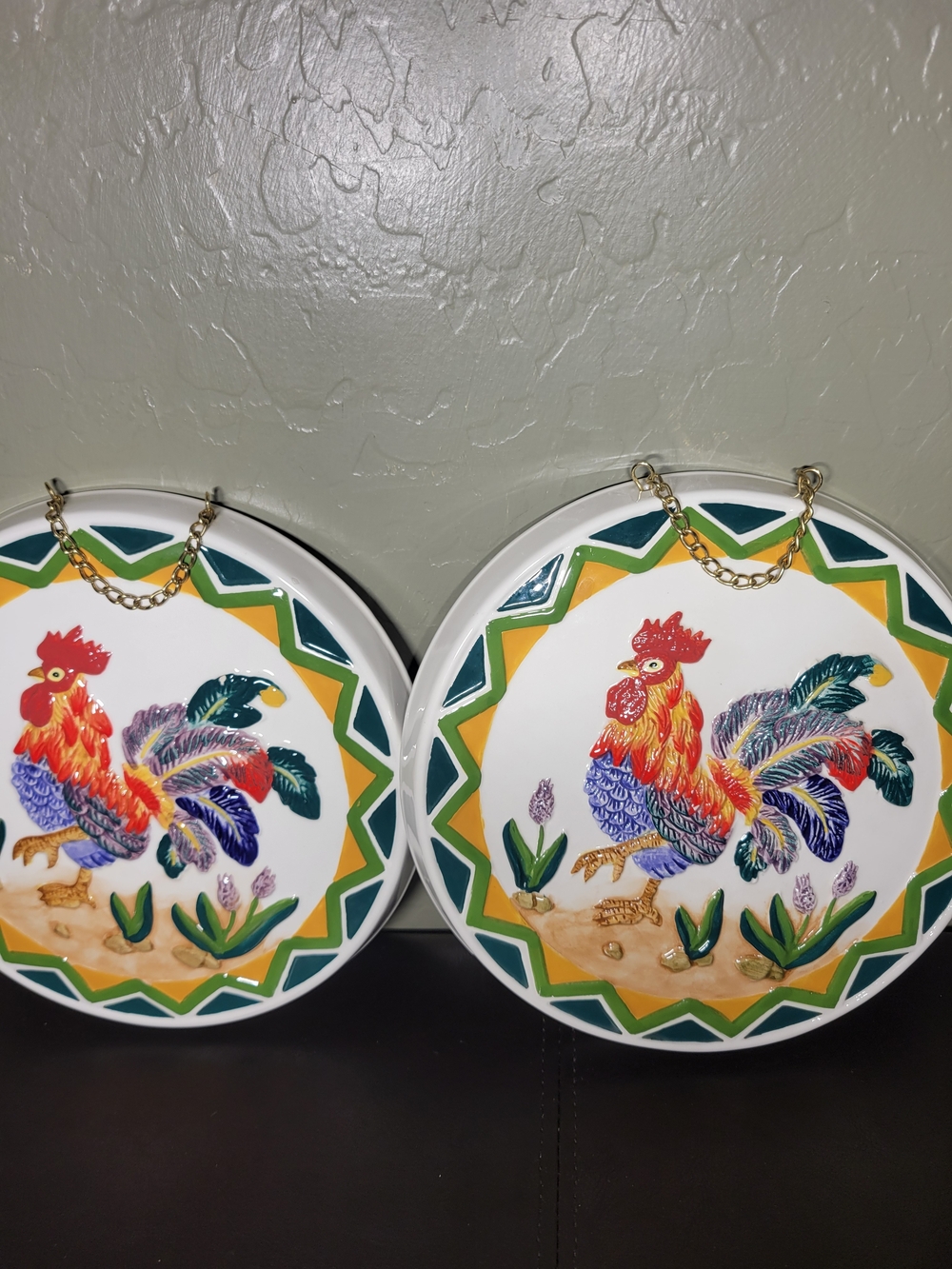K.K. Brand Vintage Hand-Painted Ceramic Rooster Wall Plaques